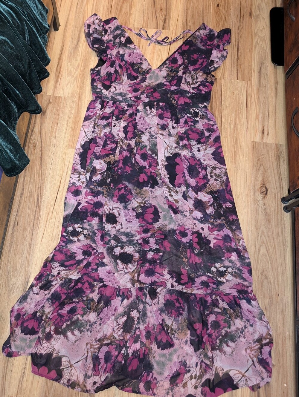 Dark Romantic Floral Maxi-Chiffon, Dress | Open Back Lace-Up | Wedding Guest - Picture 6 of 11